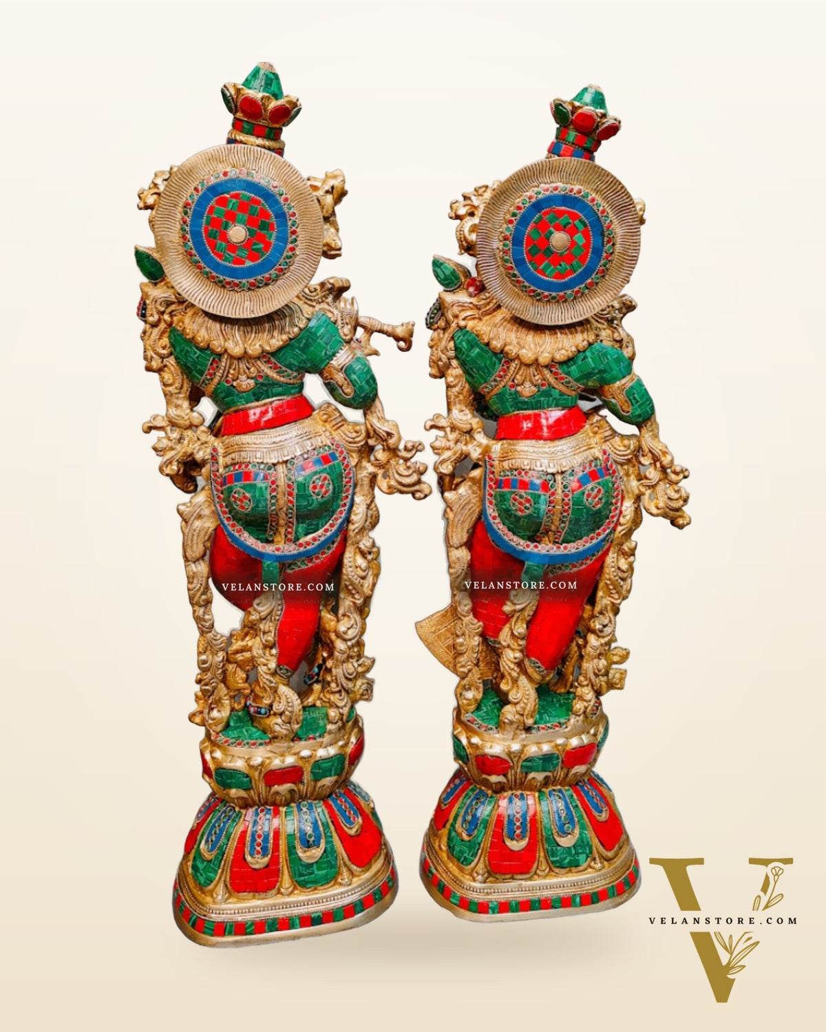 Brass Radha Krishna Idols with stonework 30 inch