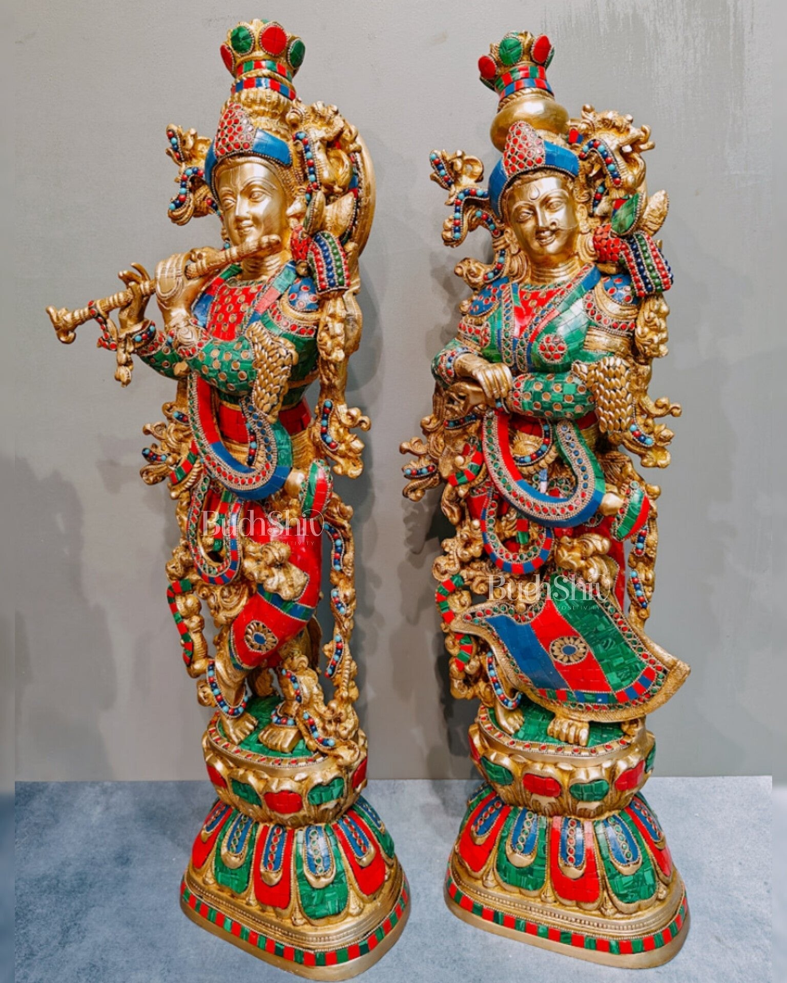 Brass Radha Krishna Idols with stonework 30 inch