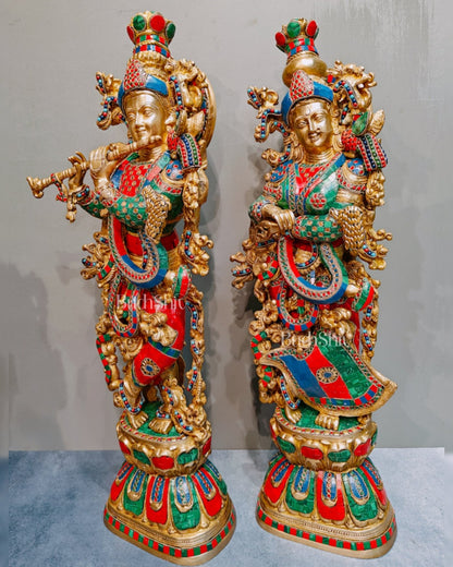 Brass Radha Krishna Idols with stonework 30 inch