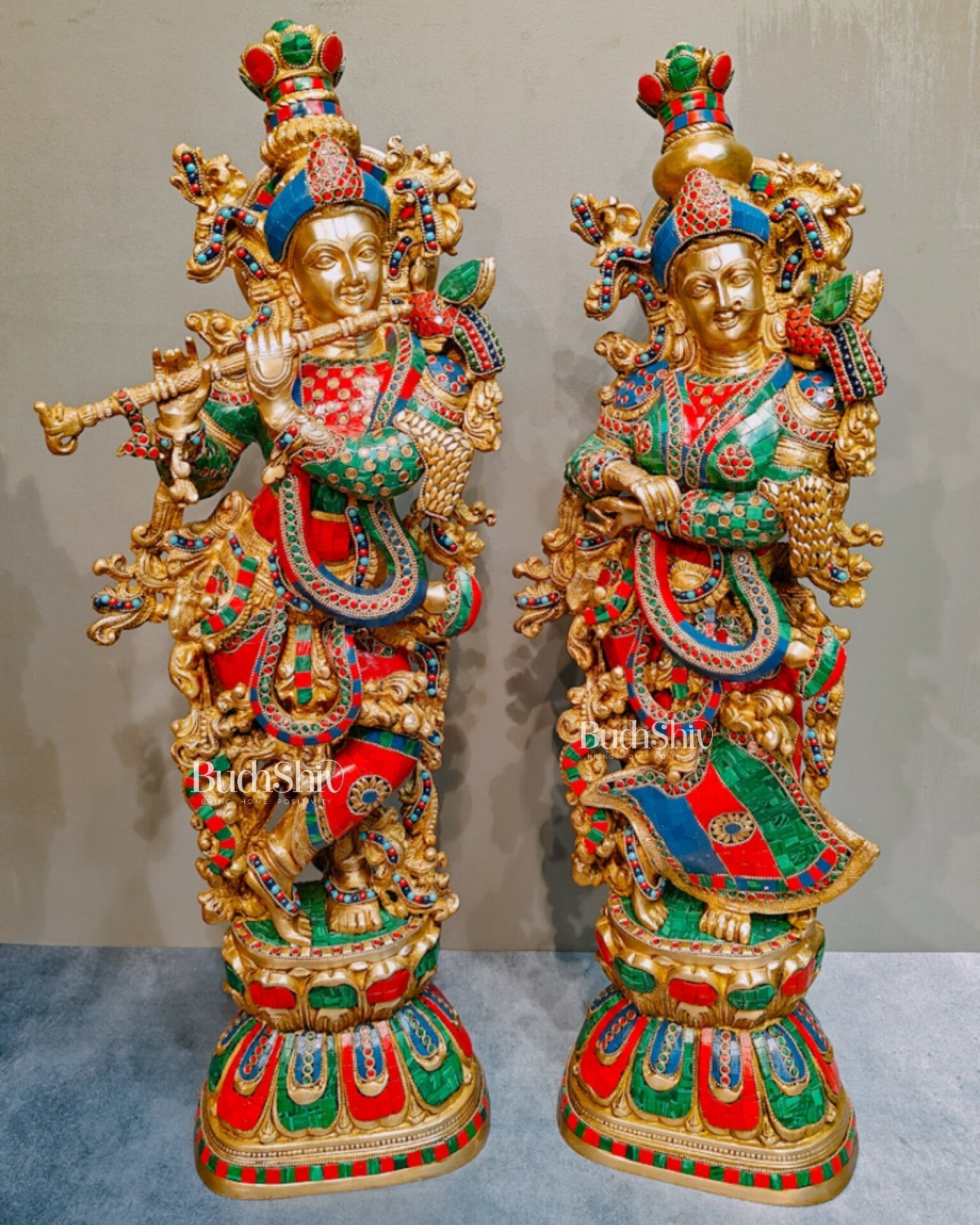 Brass Radha Krishna Idols with stonework 30 inch