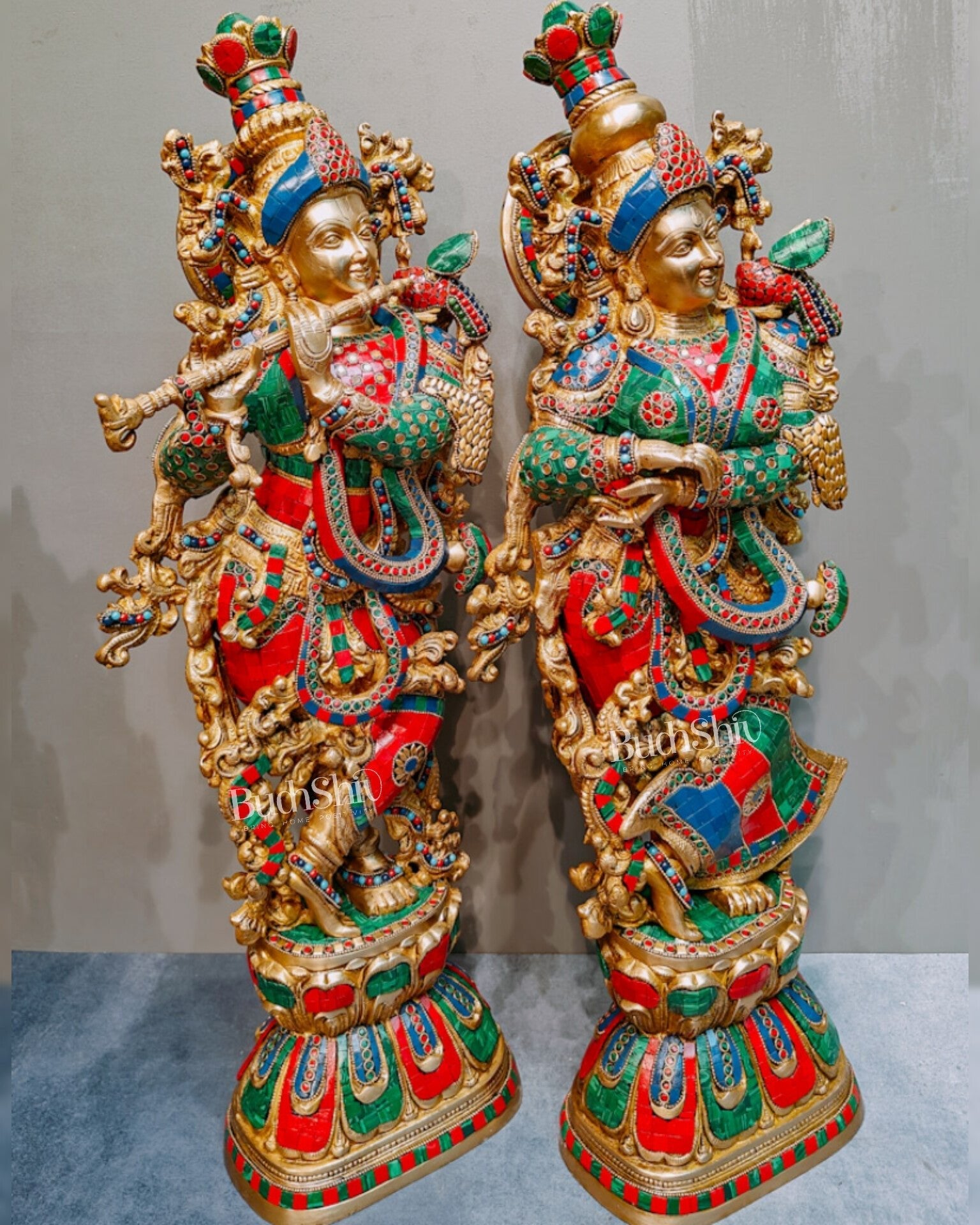 Brass Radha Krishna Idols with stonework 30 inch