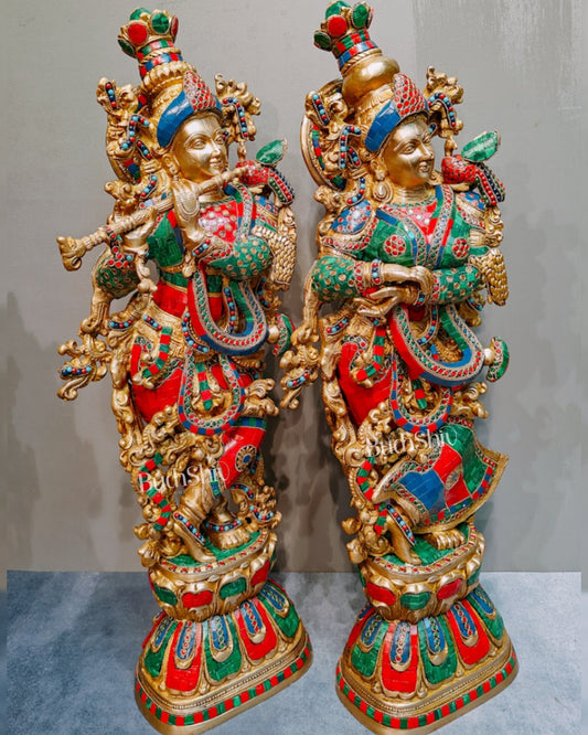 Brass Radha Krishna Idols with stonework 30 inch