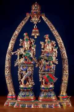 Brass Radha Krishna Idols with temple arch 45 inches