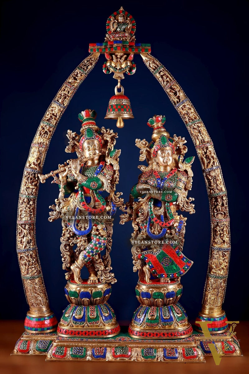 Brass Radha Krishna Idols with temple arch 45 inches