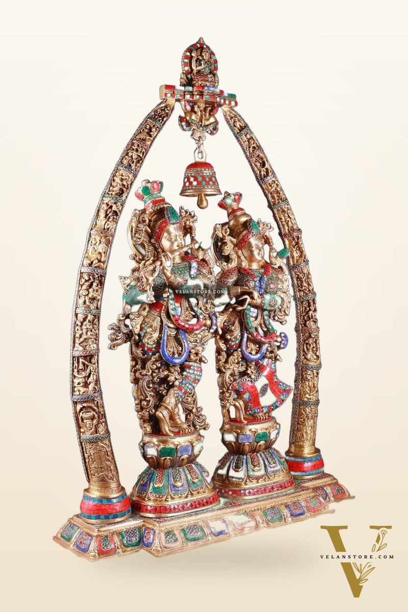 Brass Radha Krishna Idols with temple arch 45 inches