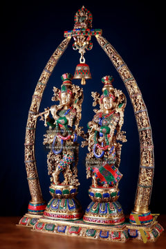 Brass Radha Krishna Idols with temple arch 45 inches