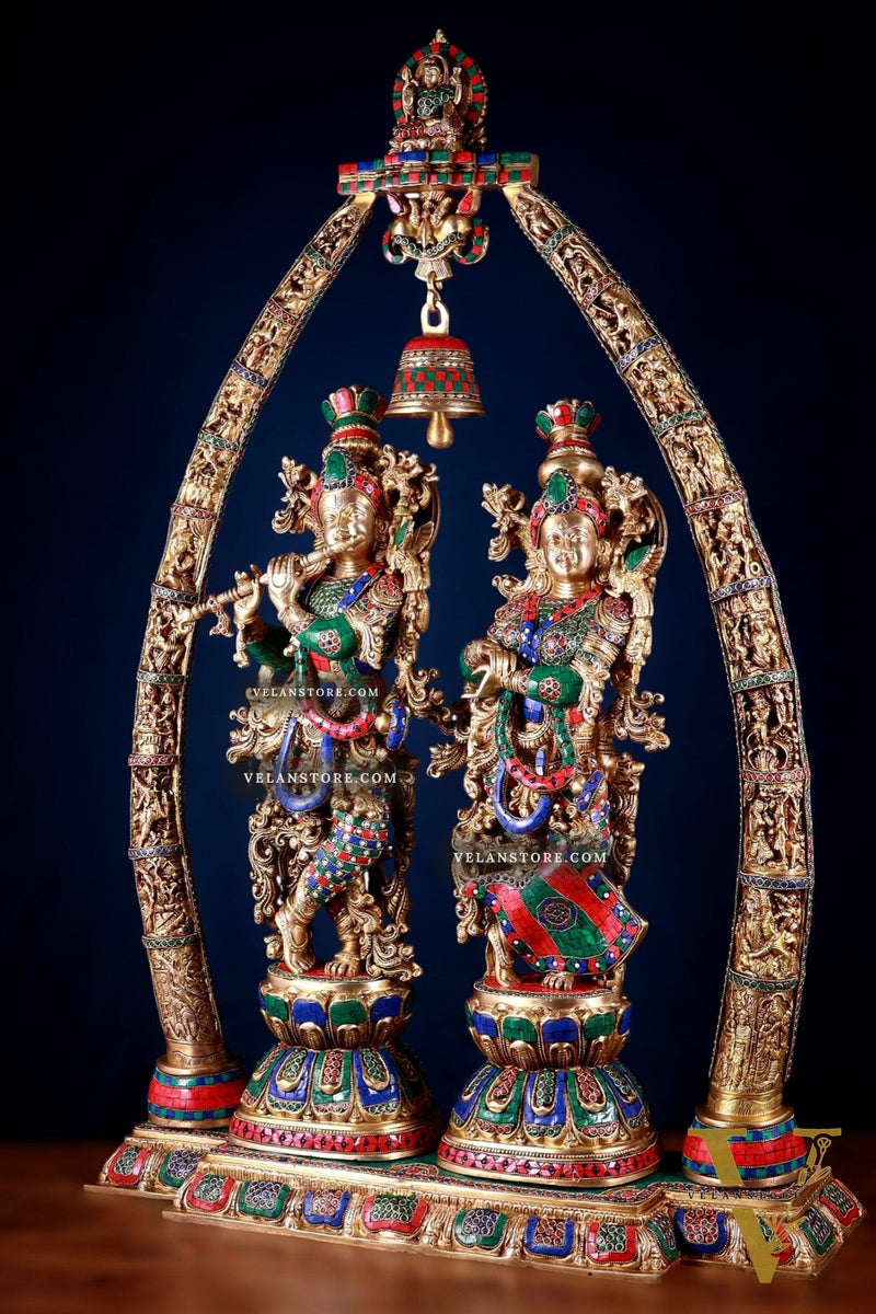 Brass Radha Krishna Idols with temple arch 45 inches
