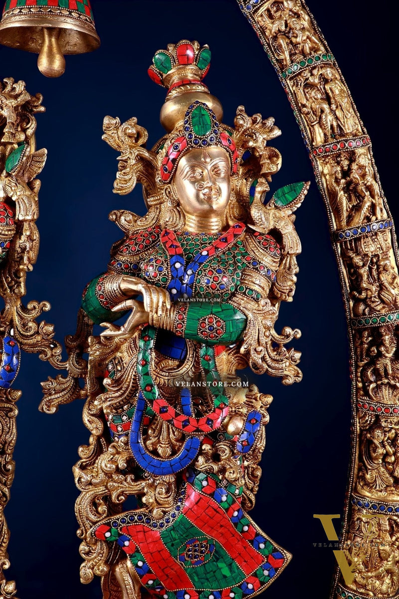 Brass Radha Krishna Idols with temple arch 45 inches