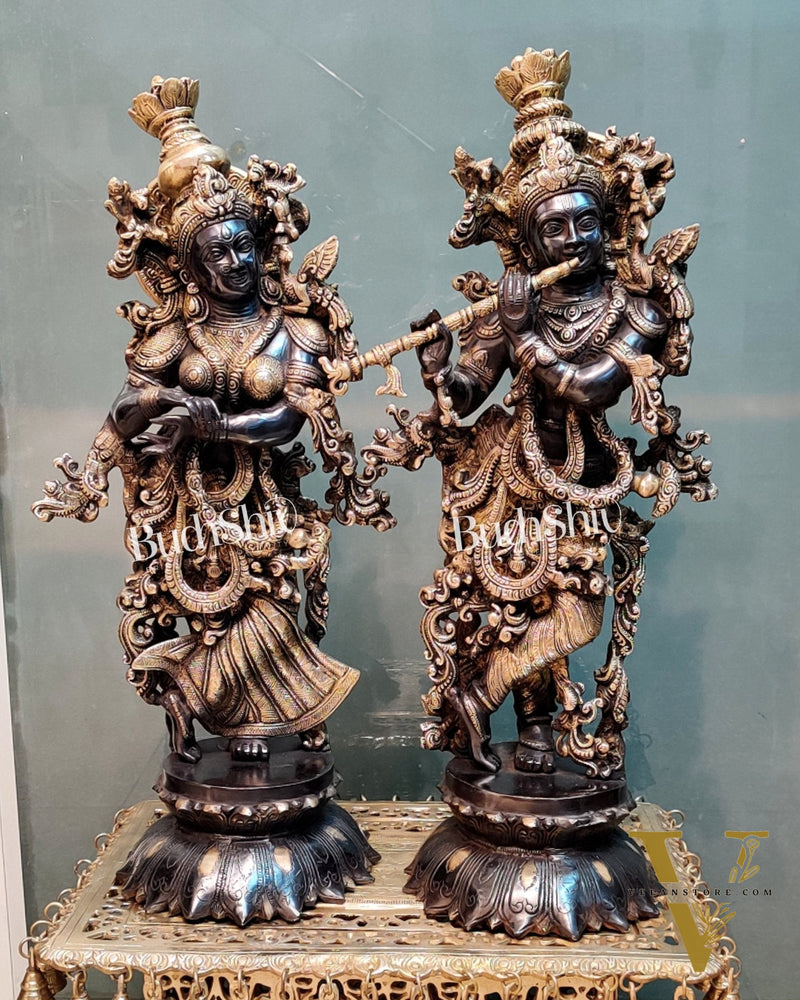Brass Radha Krishna on Lotus Base Black and Golden 26"