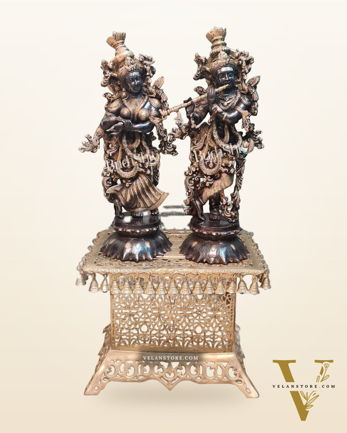 Brass Radha Krishna on Lotus Base Black and Golden 26"