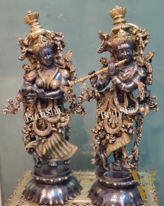 Brass Radha Krishna on Lotus Base Black and Golden 26"