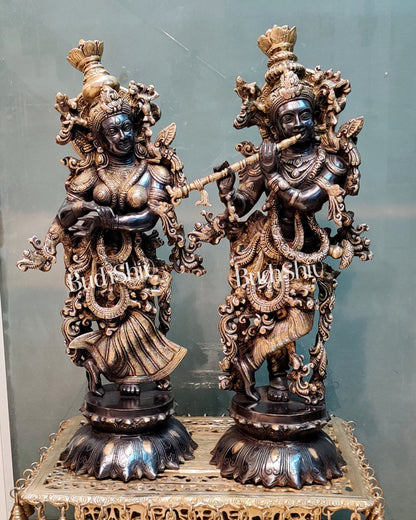 Brass Radha Krishna on Lotus Base Black and Golden 26"