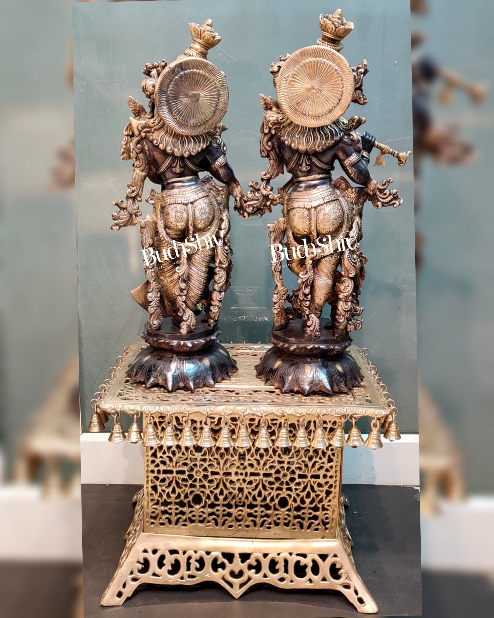 Brass Radha Krishna on Lotus Base Black and Golden 26"