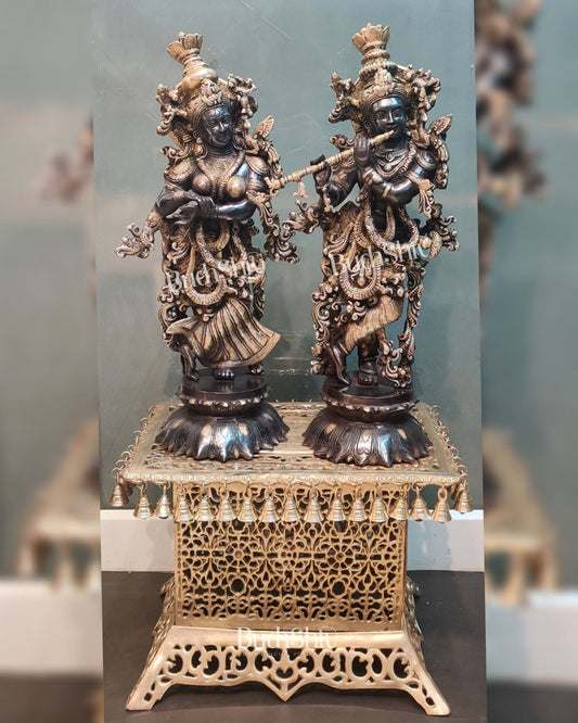 Brass Radha Krishna on Lotus Base Black and Golden 26"