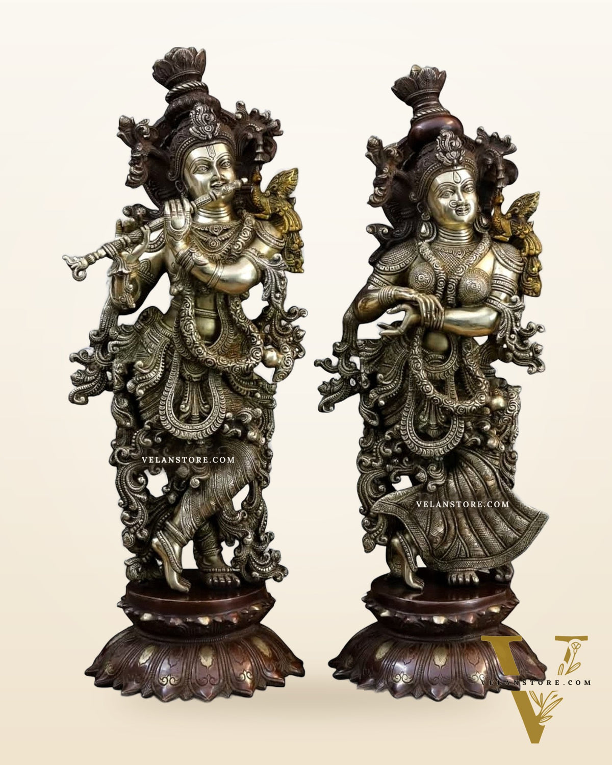 Brass Radha Krishna on lotus Idols - 27 Inches