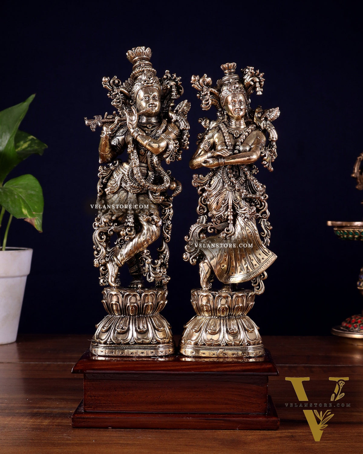 Brass Radha Krishna on Wooden Base – 9.5 inch Superfine Finish