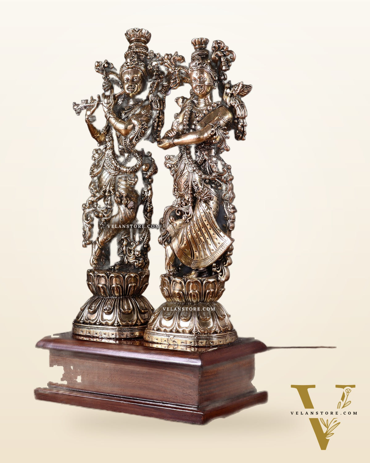 Brass Radha Krishna on Wooden Base – 9.5 inch Superfine Finish