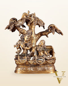 Brass Radha Krishna sitting Under Tree Idol - 10 inch