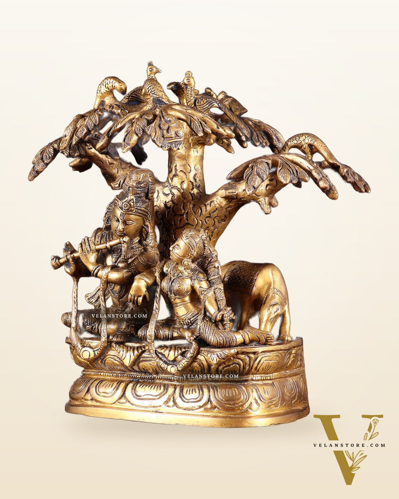 Brass Radha Krishna sitting Under Tree Idol - 10 inch