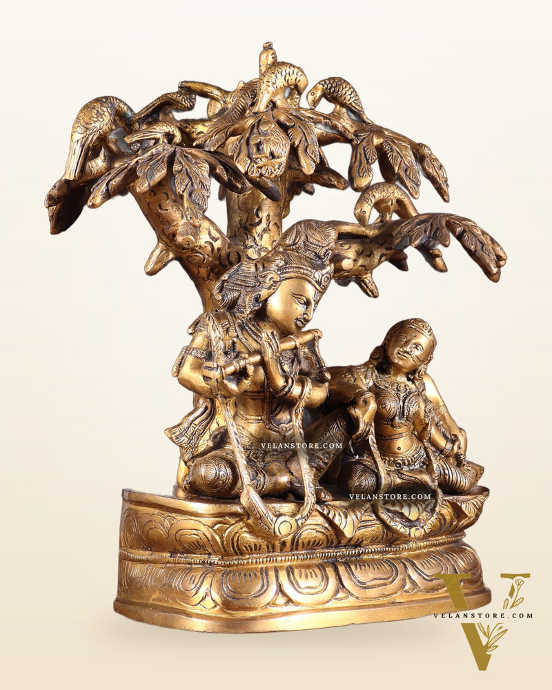 Brass Radha Krishna sitting Under Tree Idol - 10 inch
