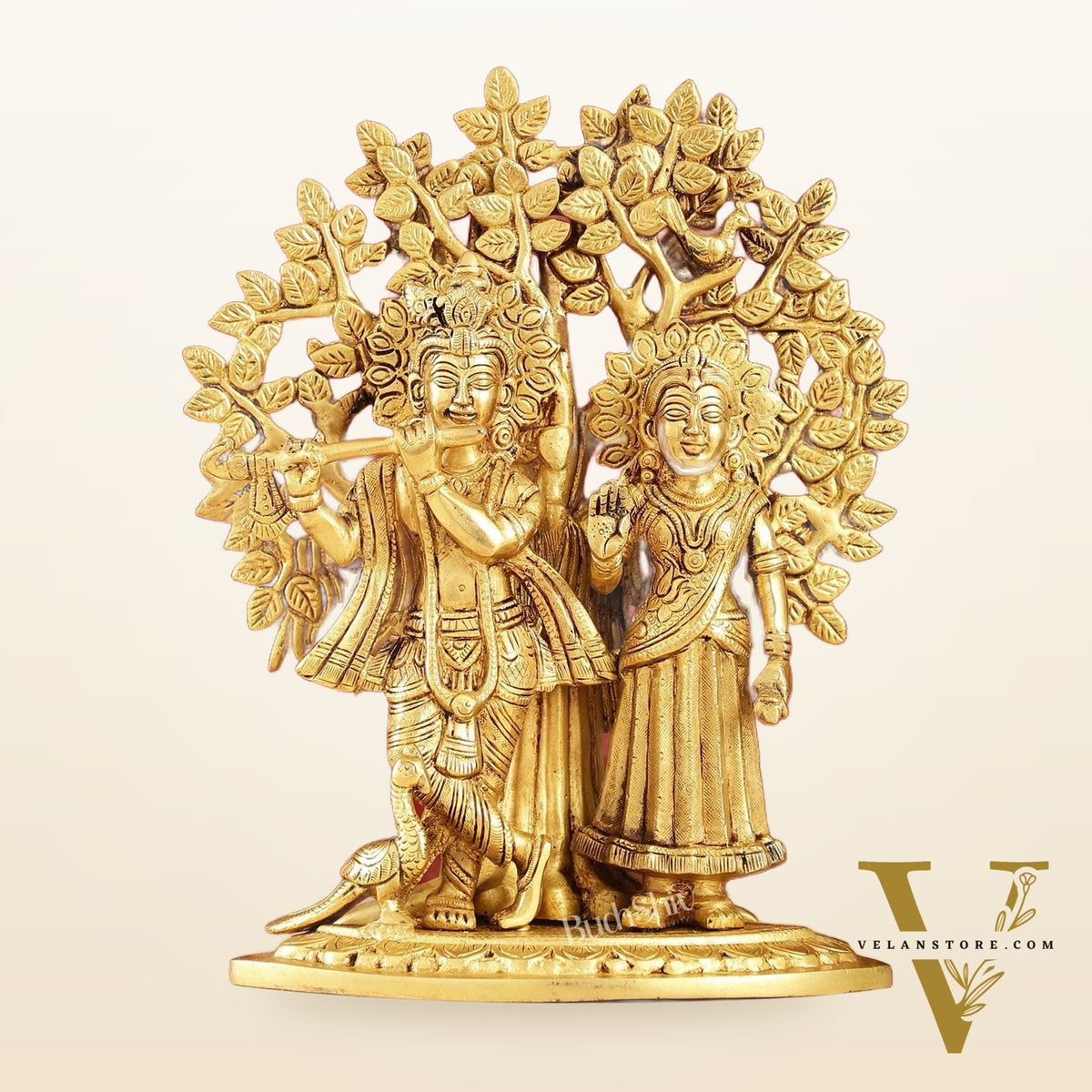 Brass Radha Krishna Statue with Kalpavriksha Tree 12 inch