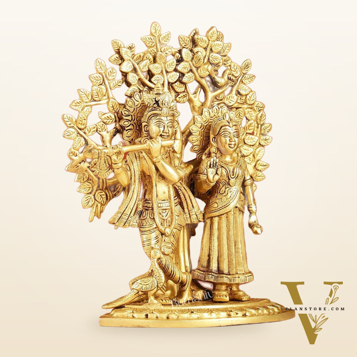 Brass Radha Krishna Statue with Kalpavriksha Tree 12 inch