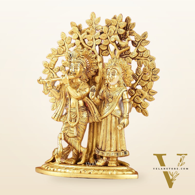 Brass Radha Krishna Statue with Kalpavriksha Tree 12 inch