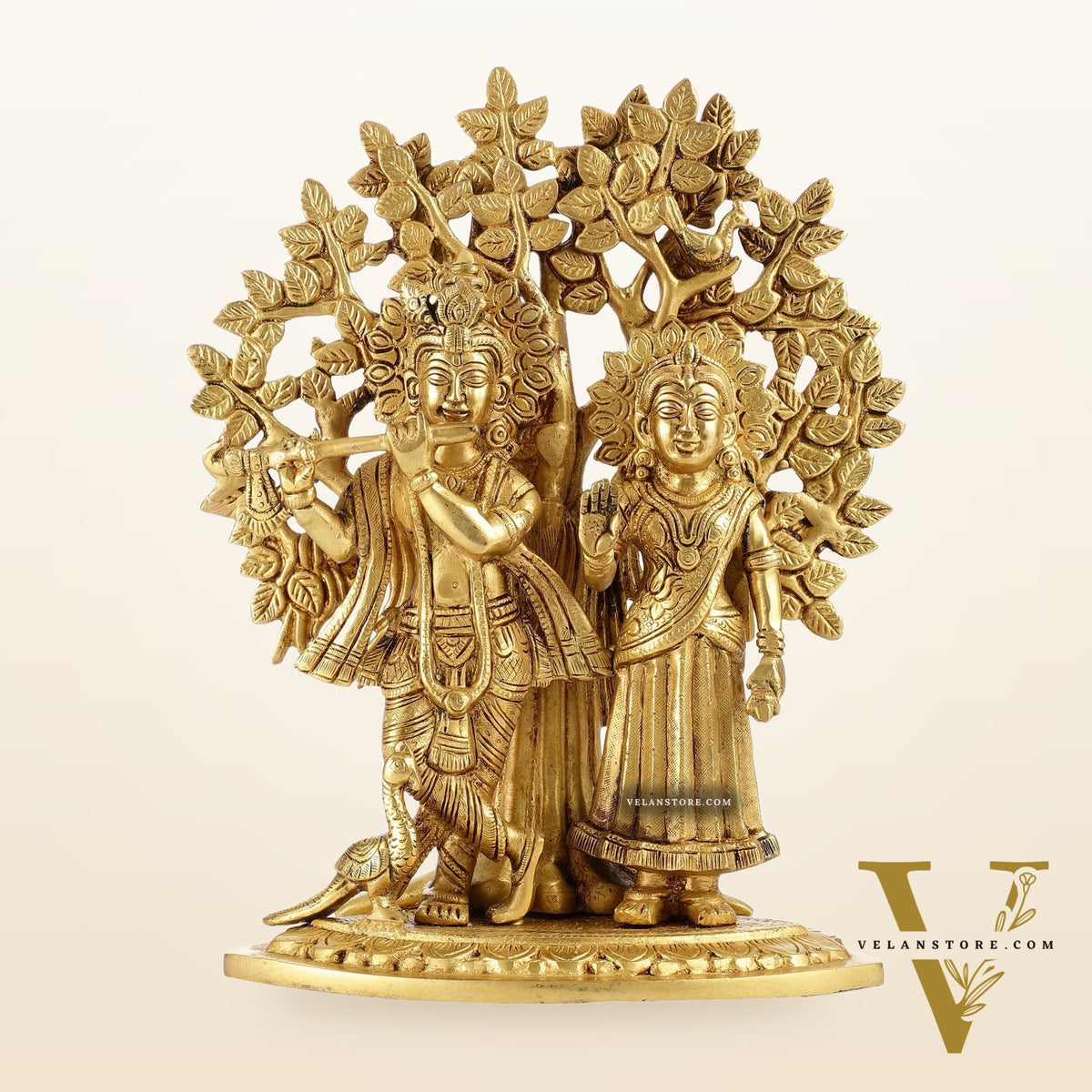 Brass Radha Krishna Statue with Kalpavriksha Tree 12 inch