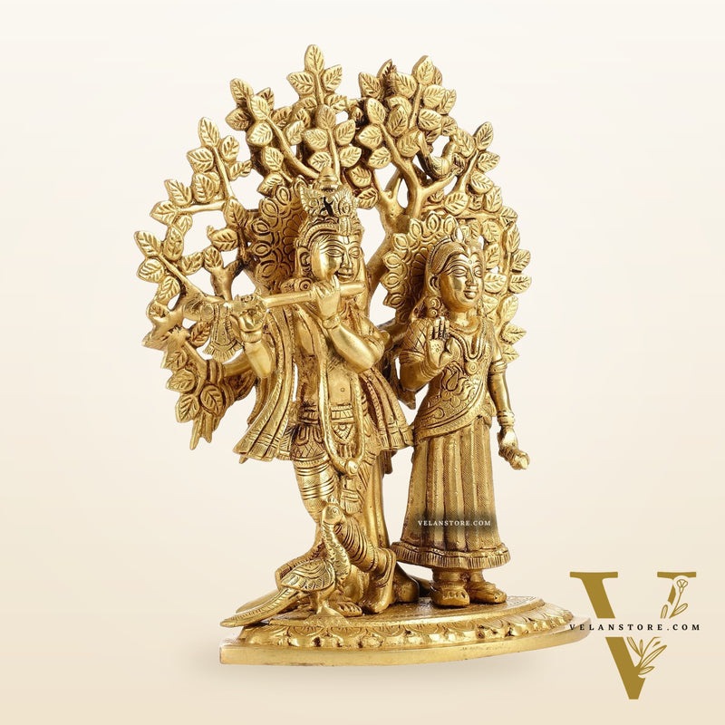 Brass Radha Krishna Statue with Kalpavriksha Tree 12 inch