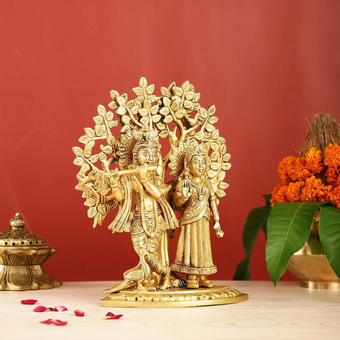 Brass Radha Krishna Statue with Kalpavriksha Tree 12 inch