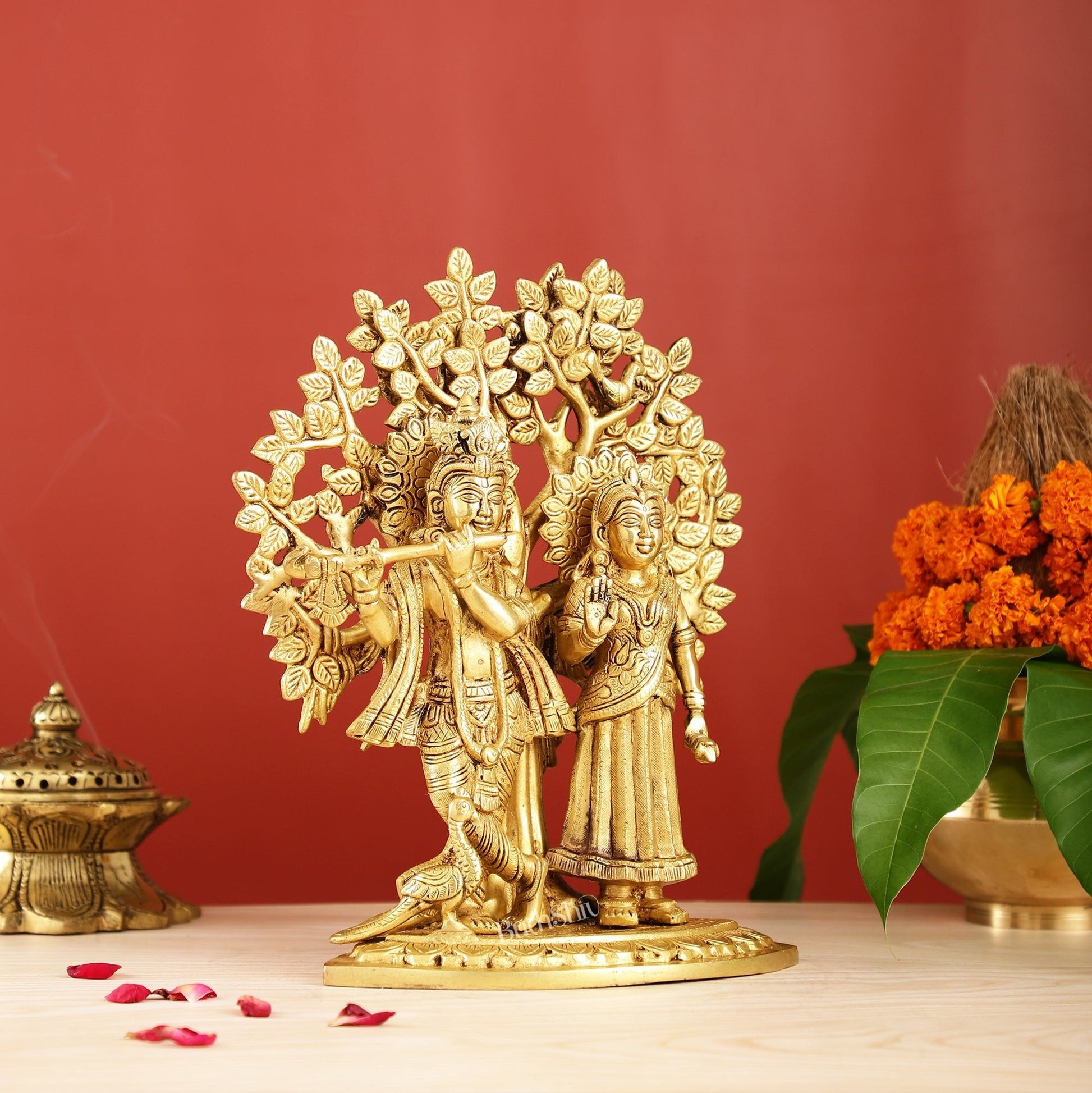 Brass Radha Krishna Statue with Kalpavriksha Tree 12 inch