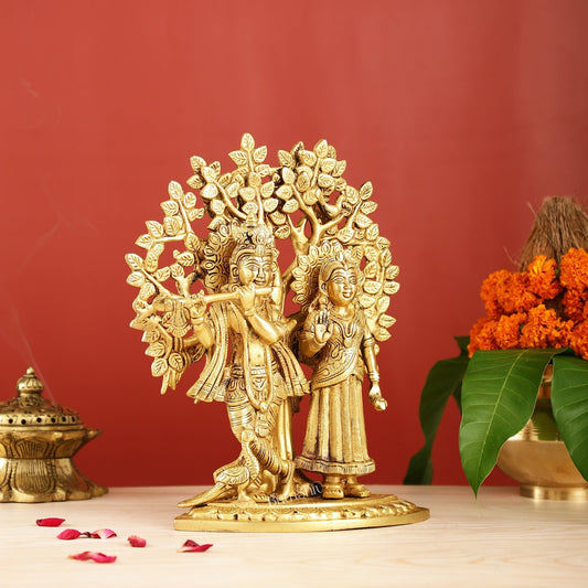 Brass Radha Krishna Statue with Kalpavriksha Tree 12 inch