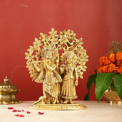 Brass Radha Krishna Statue with Kalpavriksha Tree 12 inch