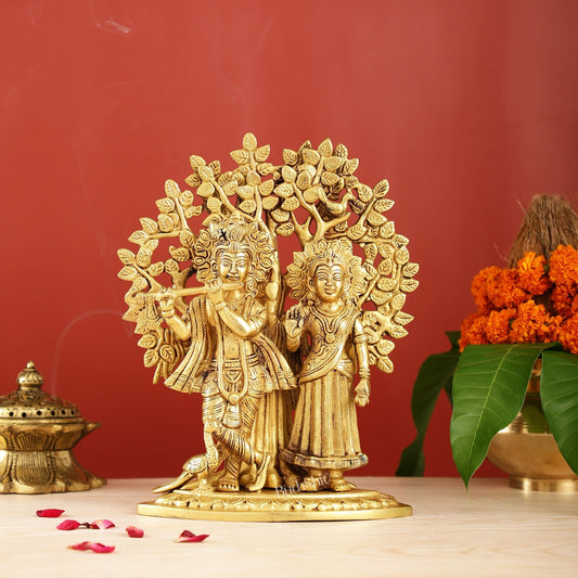 Brass Radha Krishna Statue with Kalpavriksha Tree 12 inch