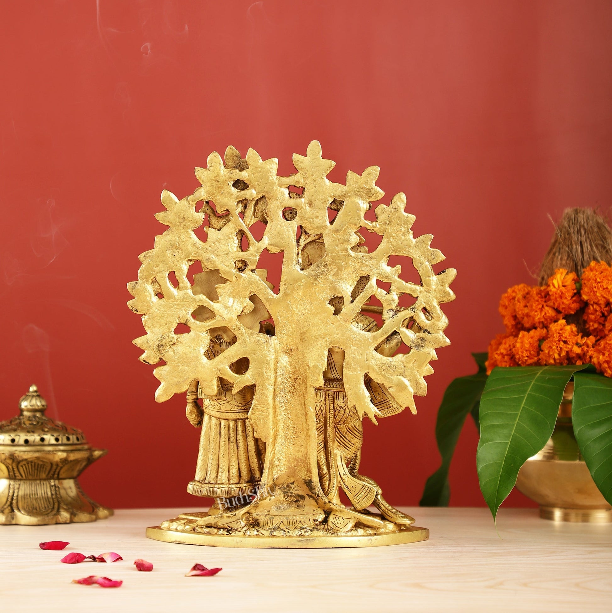 Brass Radha Krishna Statue with Kalpavriksha Tree 12 inch