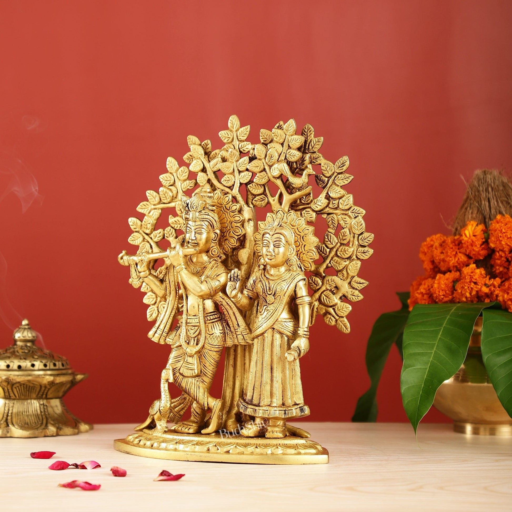 Brass Radha Krishna Statue with Kalpavriksha Tree 12 inch