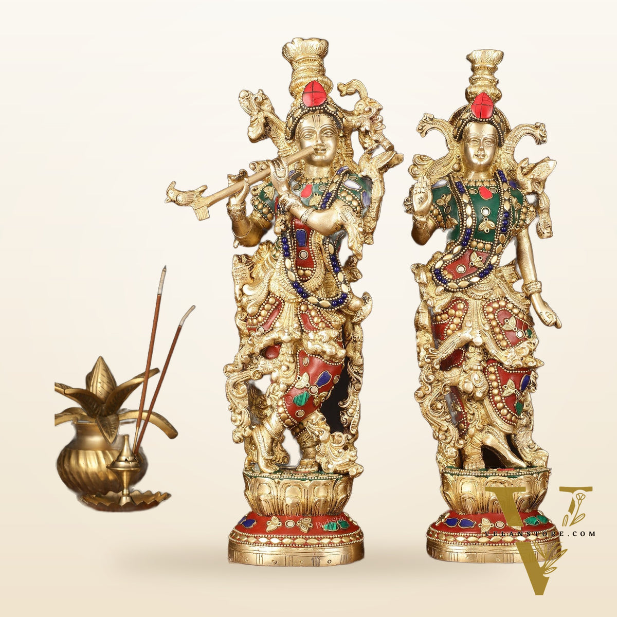 Brass Radha Krishna Statues - 14" Handcrafted with Natural Stones