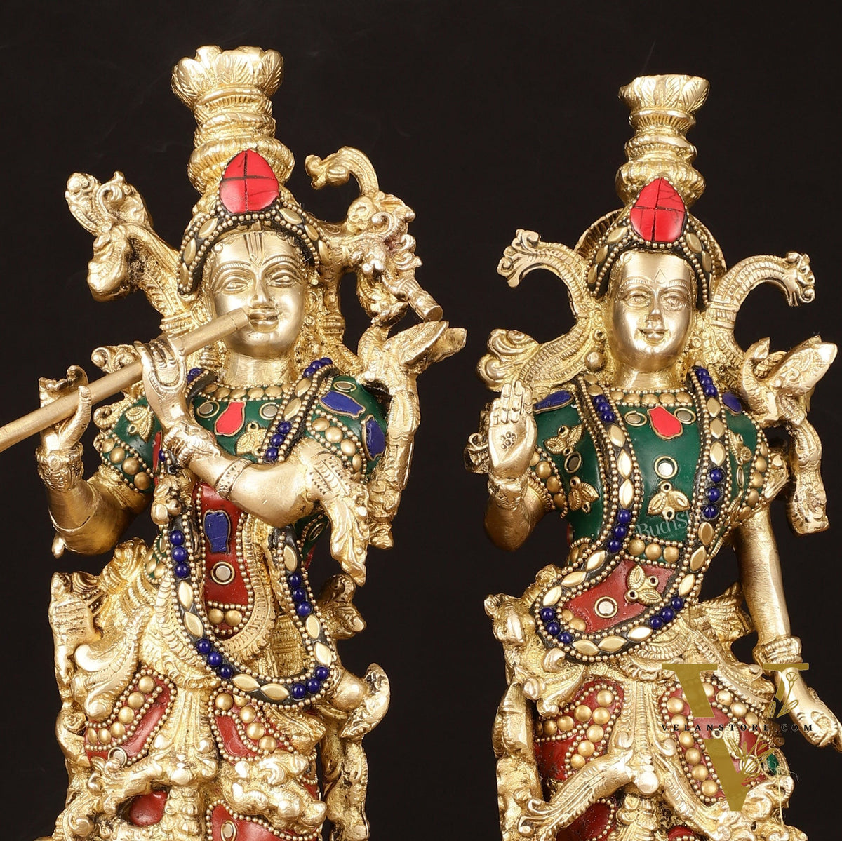 Brass Radha Krishna Statues - 14" Handcrafted with Natural Stones