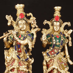 Brass Radha Krishna Statues - 14" Handcrafted with Natural Stones