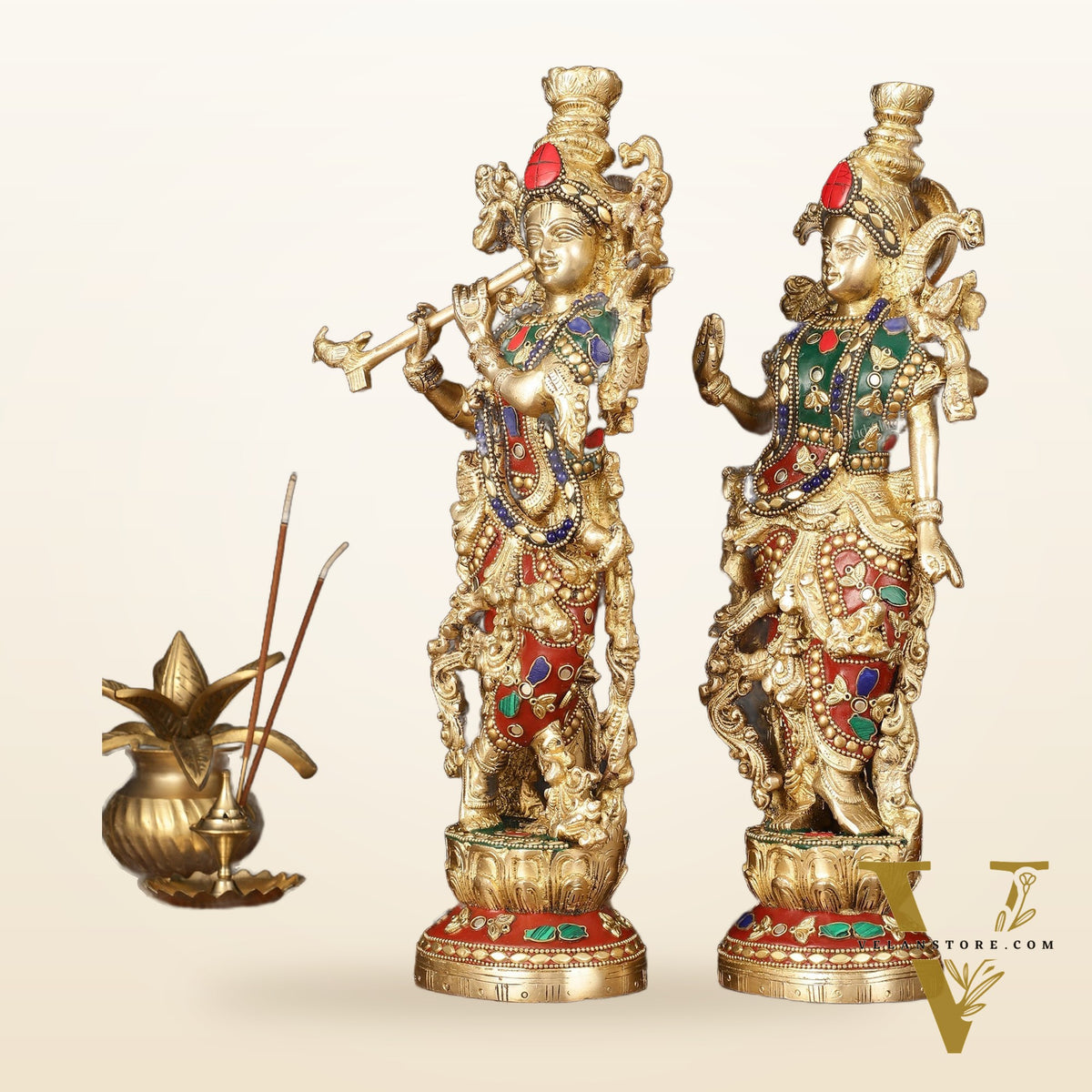 Brass Radha Krishna Statues - 14" Handcrafted with Natural Stones