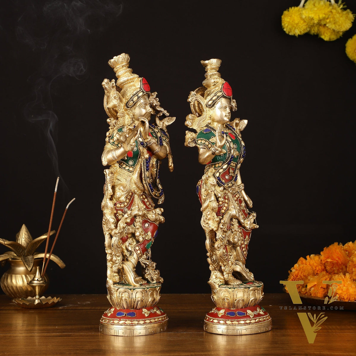 Brass Radha Krishna Statues - 14" Handcrafted with Natural Stones