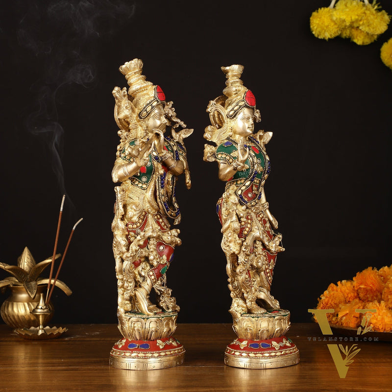Brass Radha Krishna Statues - 14" Handcrafted with Natural Stones