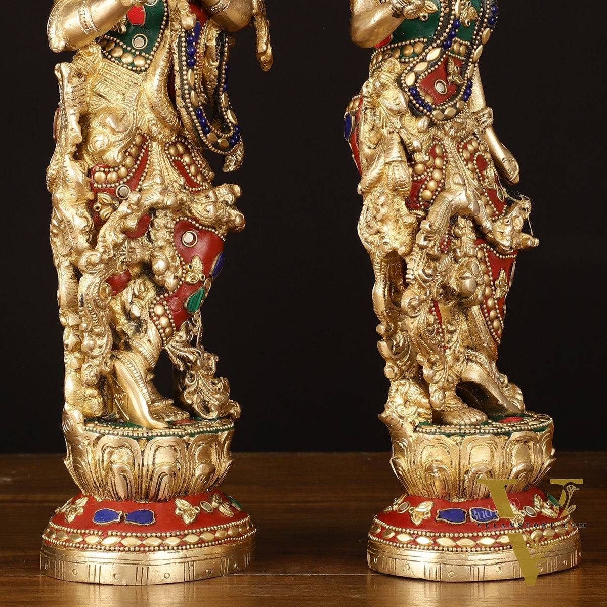 Brass Radha Krishna Statues - 14" Handcrafted with Natural Stones