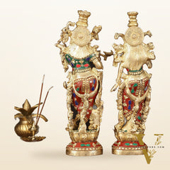 Brass Radha Krishna Statues - 14" Handcrafted with Natural Stones