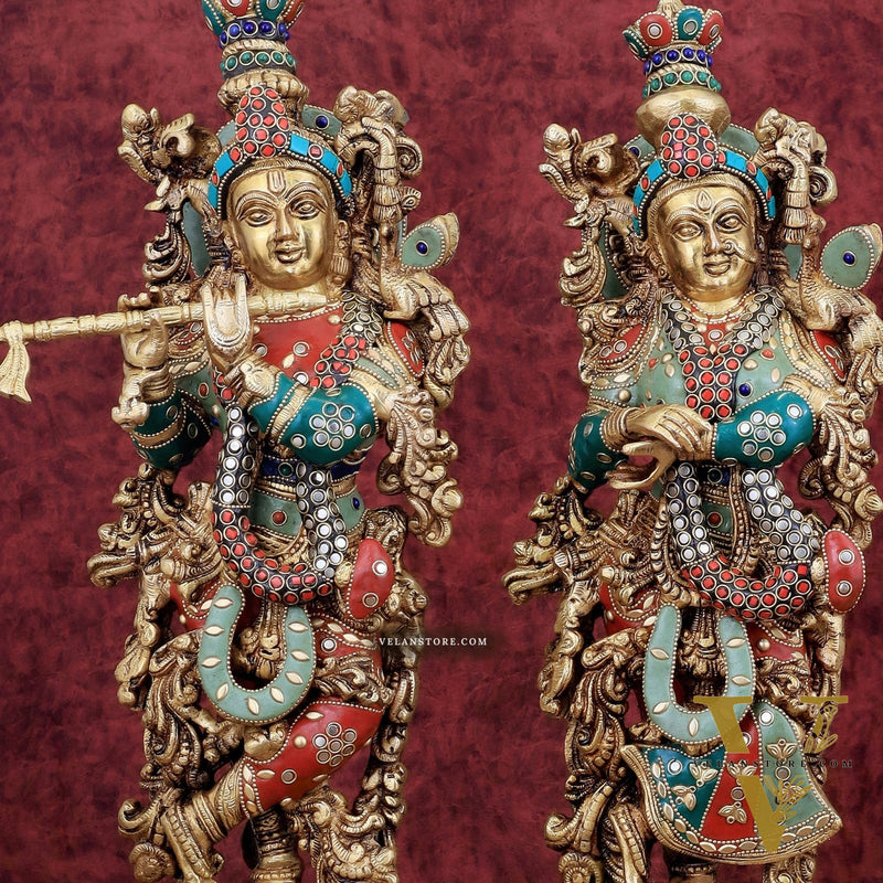 Brass Radha Krishna Statues - 21" Height, 18 KG Pair