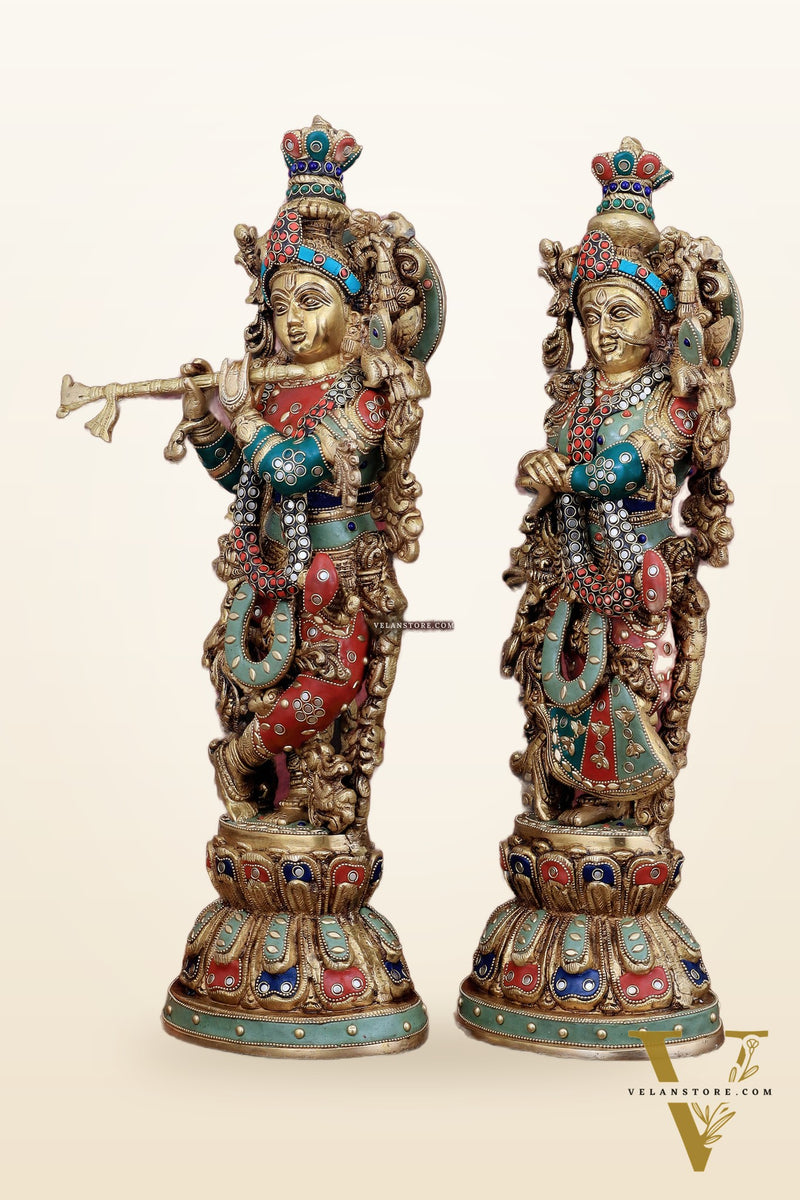 Brass Radha Krishna Statues - 21" Height, 18 KG Pair