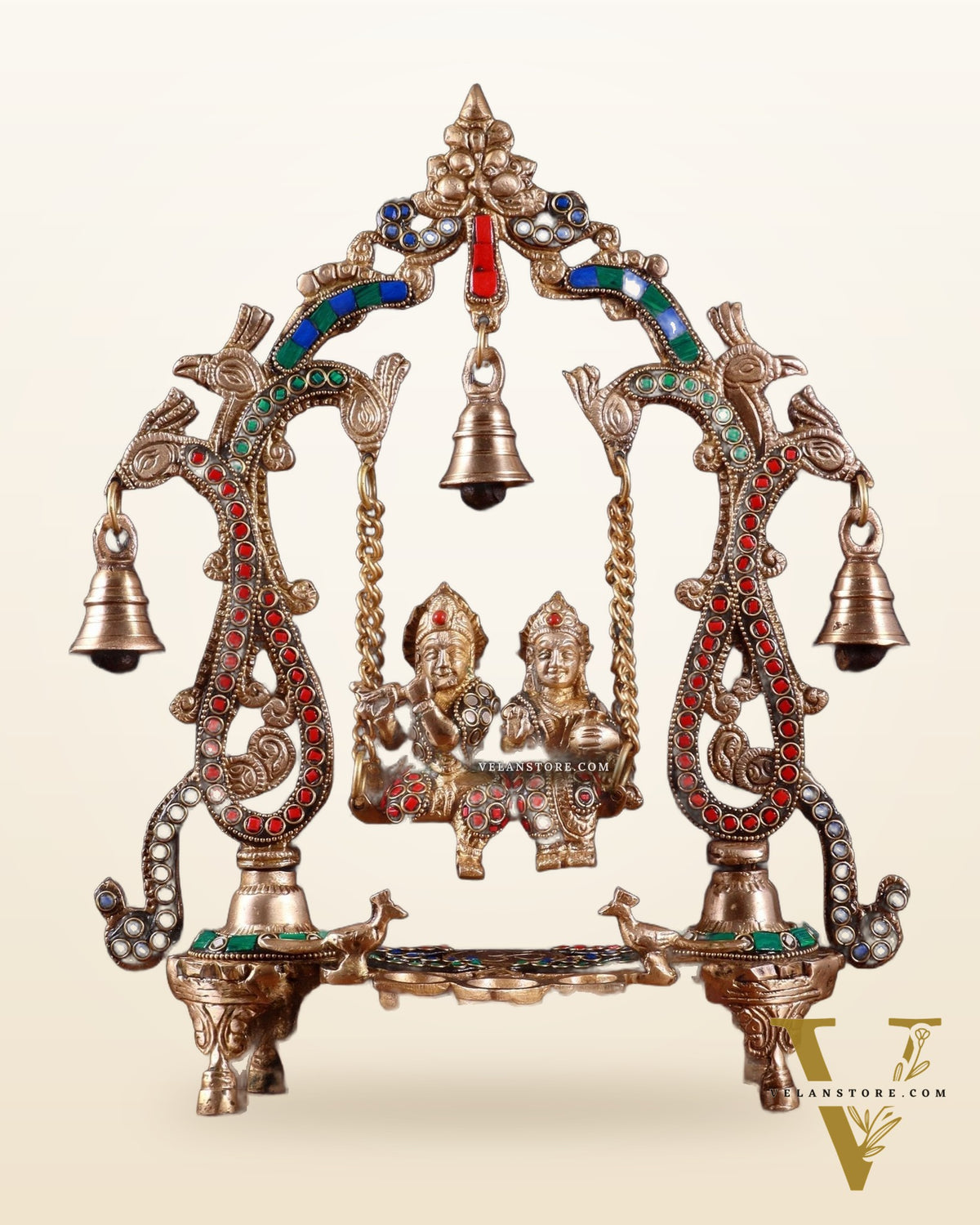 Brass Radha Krishna Swing 13.5 inch with stonework