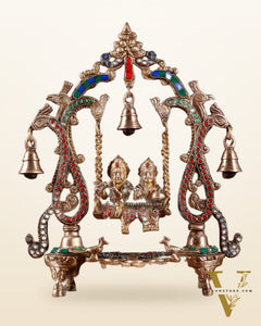 Brass Radha Krishna Swing 13.5 inch with stonework