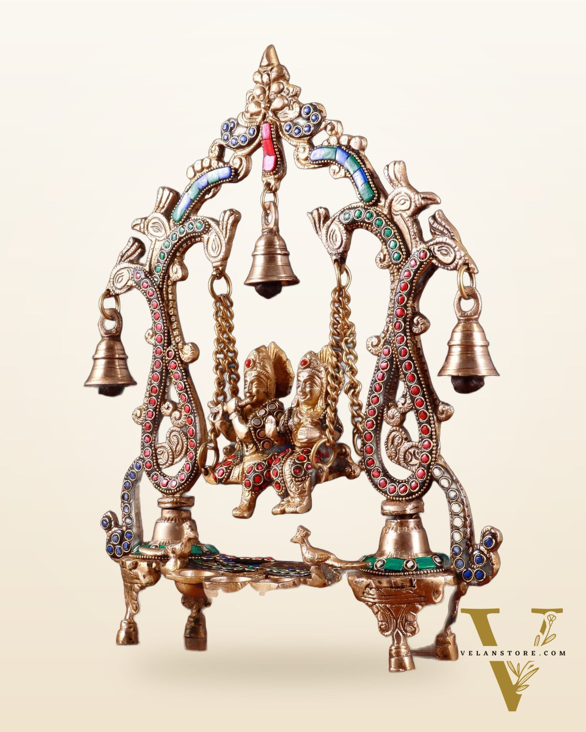Brass Radha Krishna Swing 13.5 inch with stonework