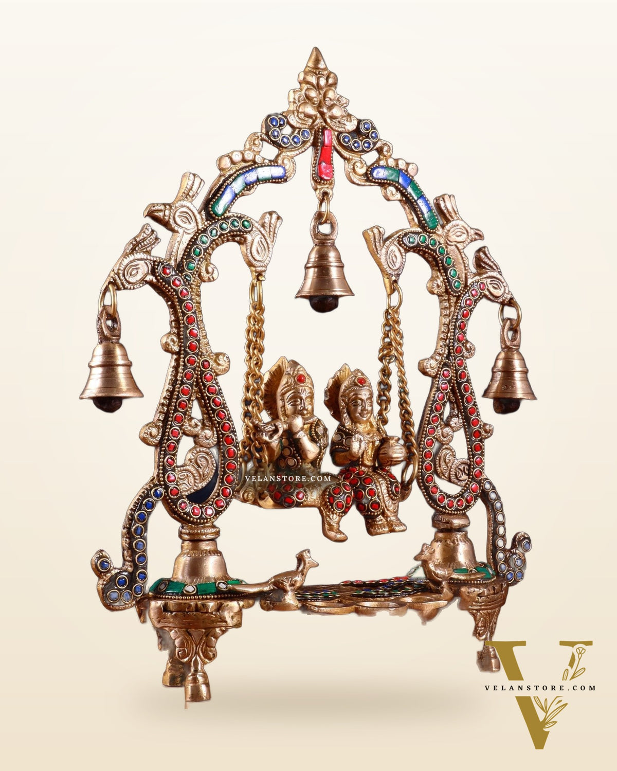 Brass Radha Krishna Swing 13.5 inch with stonework